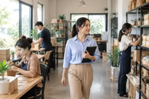 Không gian vận hành phía sau website của doanh nghiệp Việt Nam với nhân sự kiểm tra quy trình làm việc hằng ngày trong khu vực dịch vụ thực tế, thể hiện việc duy trì website sau ng