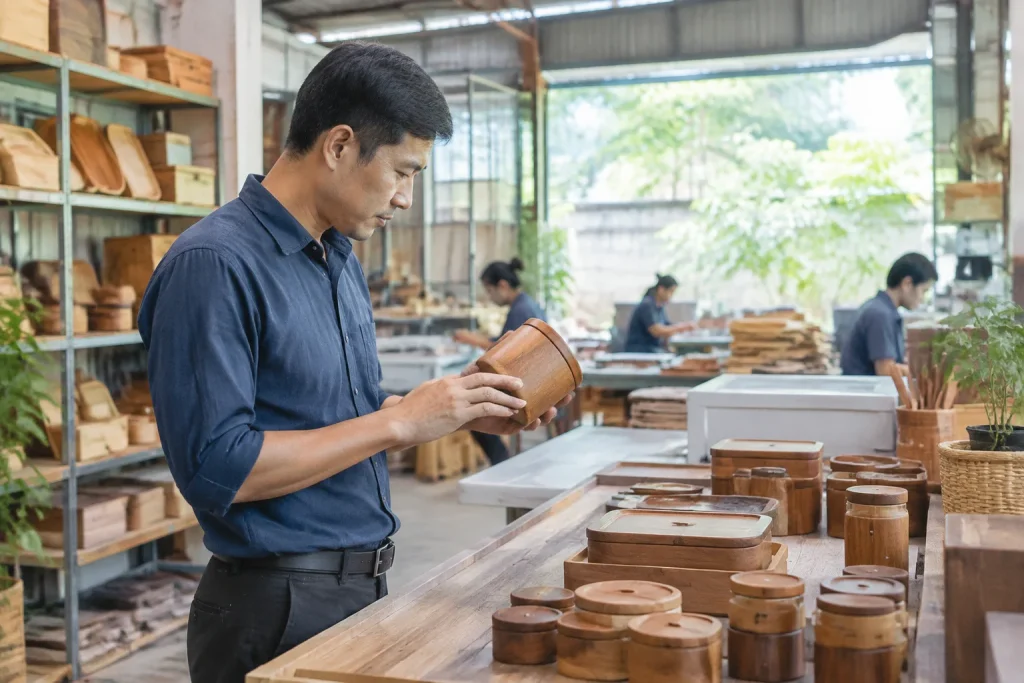 Chủ doanh nghiệp Việt Nam kiểm tra các mẫu sản phẩm và quy trình cung cấp dịch vụ trong không gian vận hành thực tế để xác định những thông tin cần đưa lên website trước khi thiết