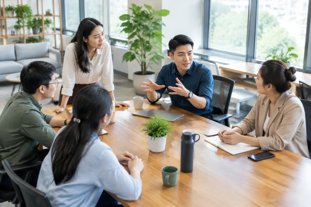 Đội ngũ doanh nghiệp Việt Nam phân công trách nhiệm duyệt nội dung website trong buổi trao đổi nhóm, thể hiện sự phối hợp giữa các vai trò trước khi triển khai dự án